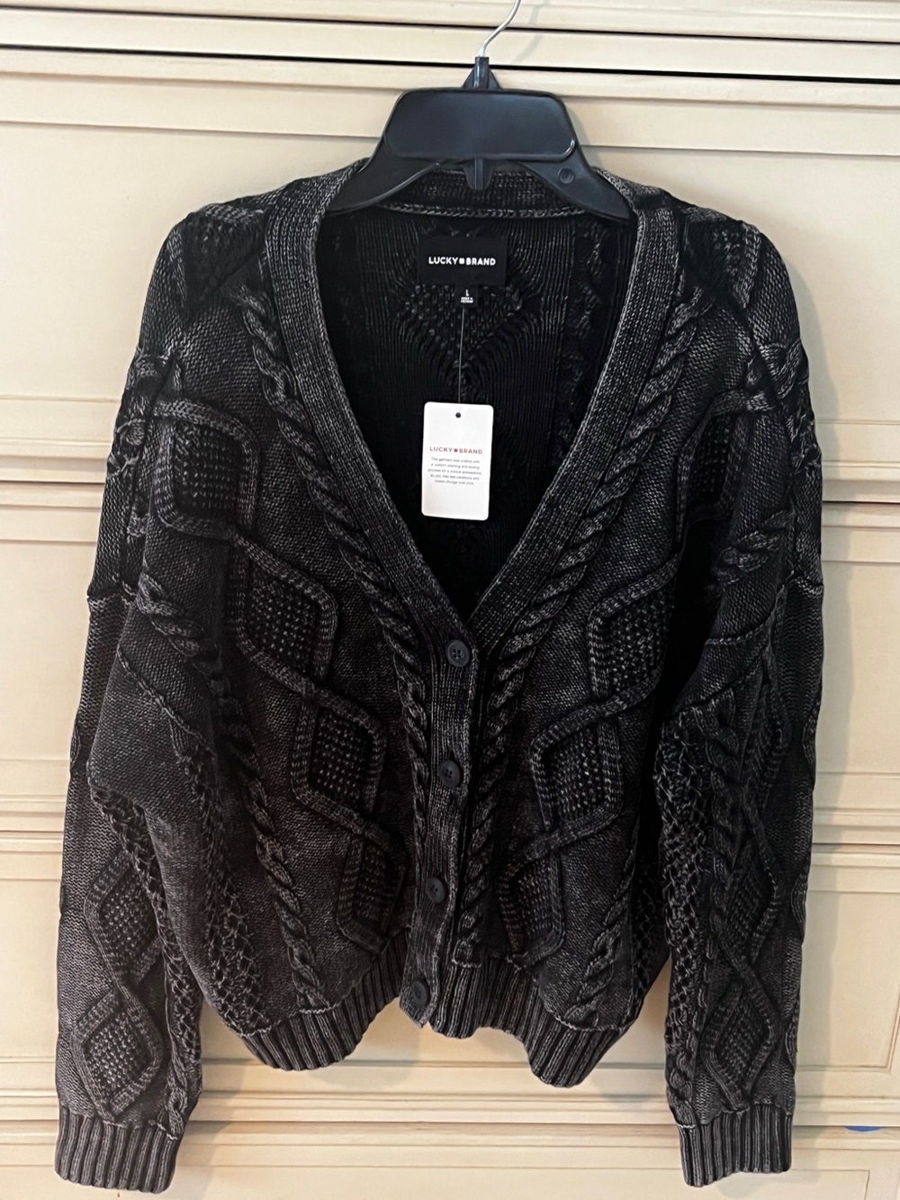 NWT Lucky Brand Washed-Rinse Charcoal Black Cable Cardigan Cotton Sweater Large